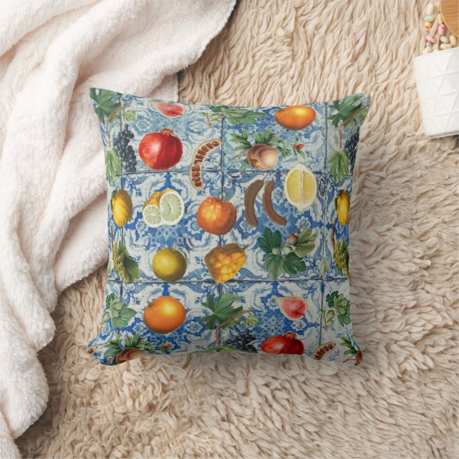 Mediterranean Summer Fruits & Blue White Mosaic  Throw Pillow (Blanket)