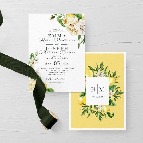 Mediterranean summer lemon bright blue Wedding Invitation