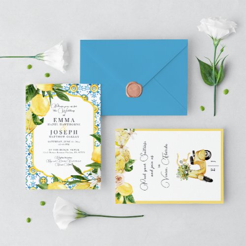 Mediterranean summer lemon bright blue Wedding Invitation