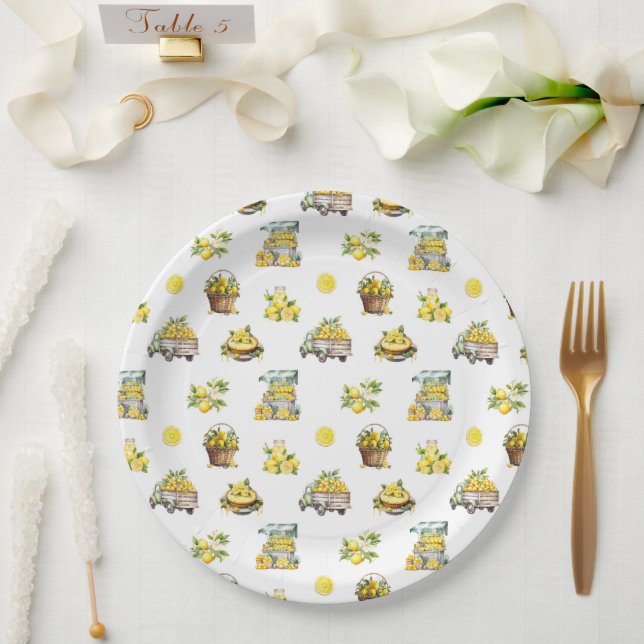 Mediterranean Summer Lemon Pattern  Paper Plates (Wedding)