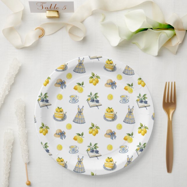 Mediterranean Summer Lemon Pattern  Paper Plates (Wedding)