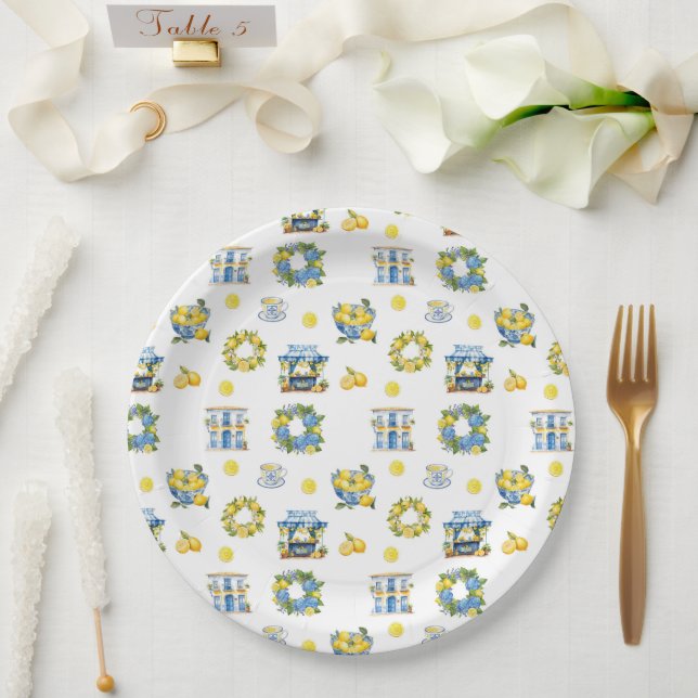 Mediterranean Summer Lemon Pattern  Paper Plates (Wedding)
