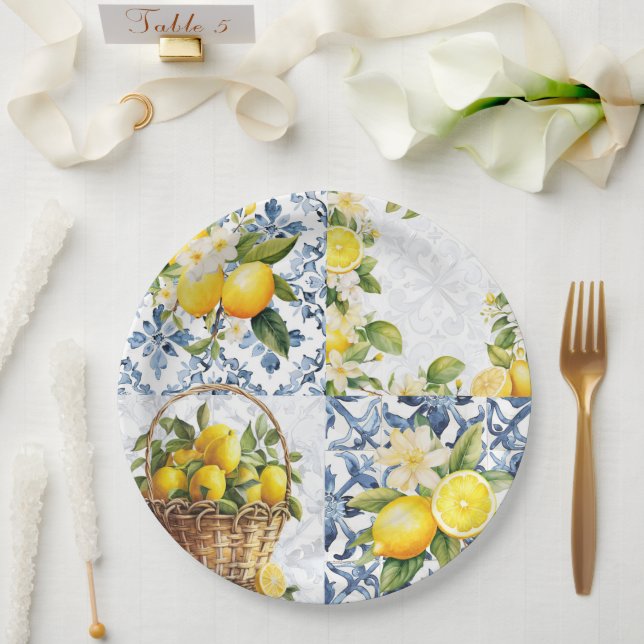 Mediterranean Summer Lemon Pattern  Paper Plates (Wedding)