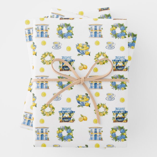 Mediterranean Summer Lemon Pattern  Wrapping Paper Sheets (In situ)