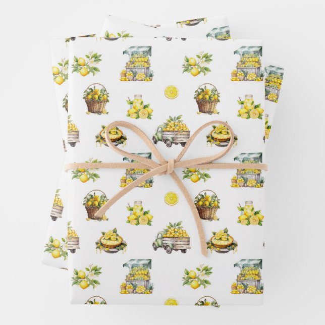 Mediterranean Summer Lemon Pattern  Wrapping Paper Sheets (In situ)