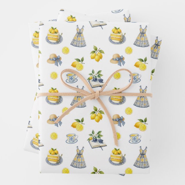 Mediterranean Summer Lemon Pattern  Wrapping Paper Sheets (In situ)