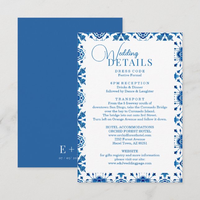 Mediterranean summer modern blue mosaic Wedding Enclosure Card (Front/Back)