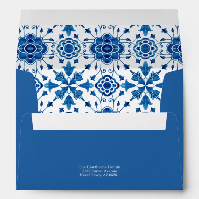 Mediterranean summer modern blue mosaic Wedding Envelope (Back (Bottom))