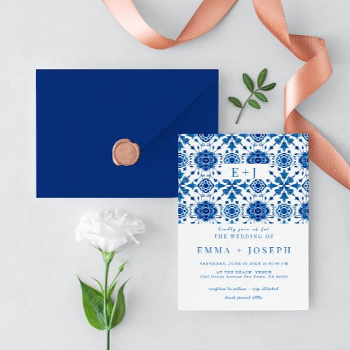 Mediterranean summer modern blue mosaic Wedding Invitation