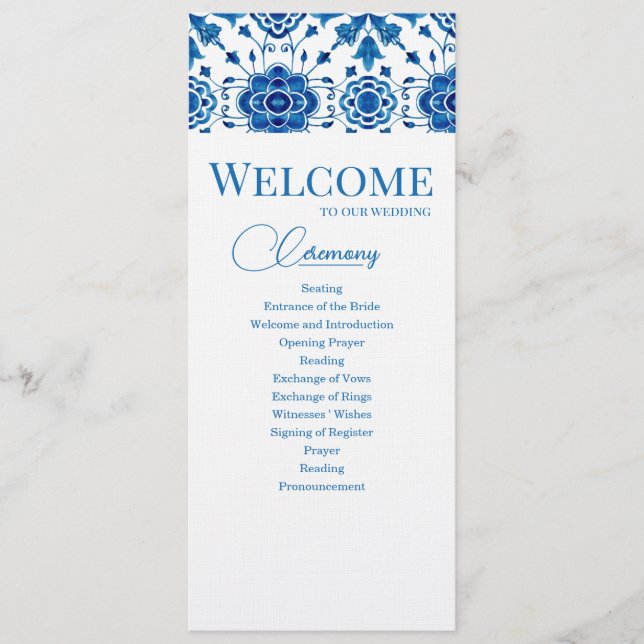 Mediterranean summer modern blue mosaic Wedding Program (Front)