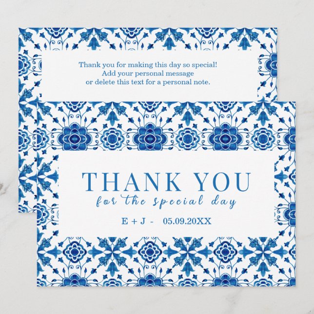 Mediterranean summer modern blue  "Thank you" Card (Front/Back)