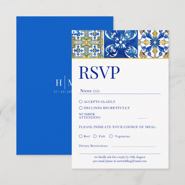 Mediterranean summer modern blue Wedding Rsvp Card (Front/Back)