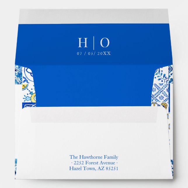 Mediterranean summer modern blue yellow Wedding Envelope (Back (Bottom))