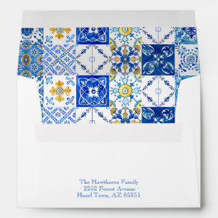 Mediterranean summer modern blue yellow Wedding Envelope