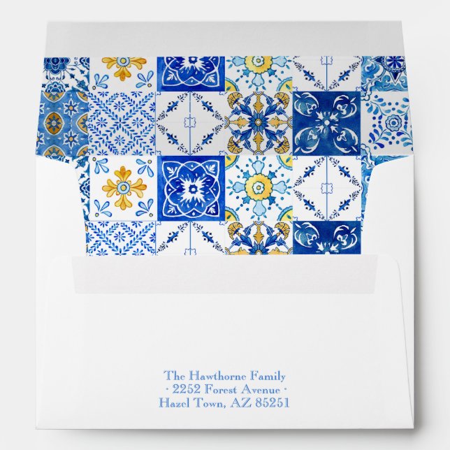 Mediterranean summer modern blue yellow Wedding Envelope (Back (Bottom))
