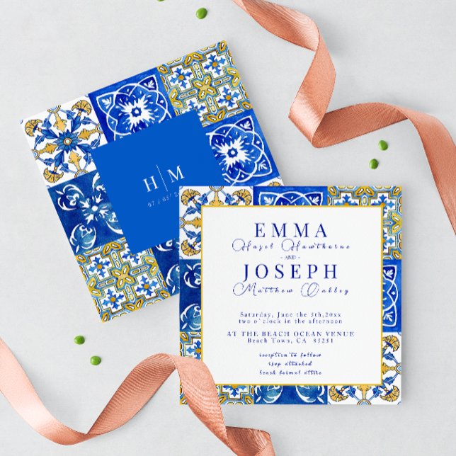 Mediterranean summer modern blue yellow Wedding Invitation (Creator Uploaded)