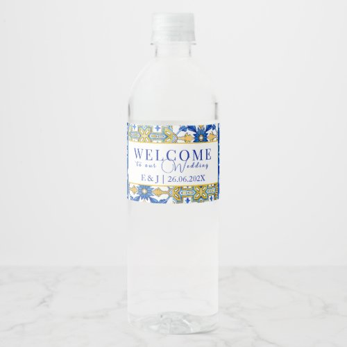 Mediterranean summer modern tile Wedding Welcome Water Bottle Label