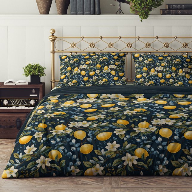 Mediterranean Summer yellow lemons blue flowers  Duvet Cover (Mediterranean Summer yellow lemons blue flowers Duvet Cover)