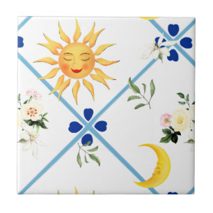 Mediterranean sun,flowers,half moon, ceramic tile