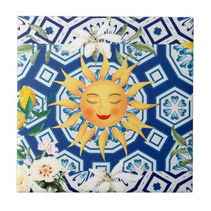 Mediterranean sun,flowers,half moon, ceramic tile