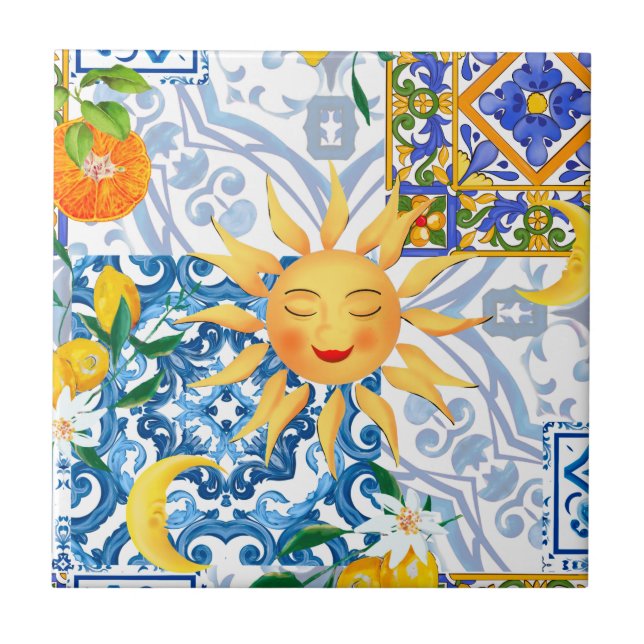 Mediterranean sun,flowers,lemon,half moon, ceramic tile (Front)