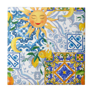 Mediterranean sun,flowers,lemon,half moon, ceramic tile