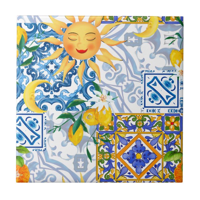 Mediterranean sun,flowers,lemon,half moon, ceramic tile (Front)