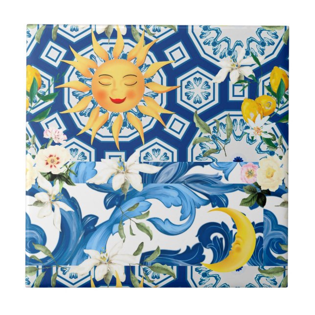 Mediterranean sun,flowers,lemon ,half moon, ceramic tile (Front)