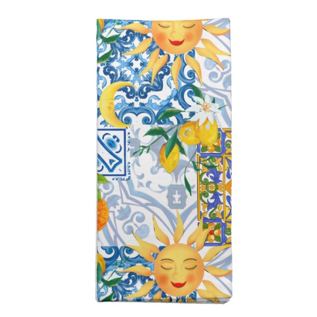 Mediterranean sun,flowers,lemon,half moon, cloth napkin (Folded)