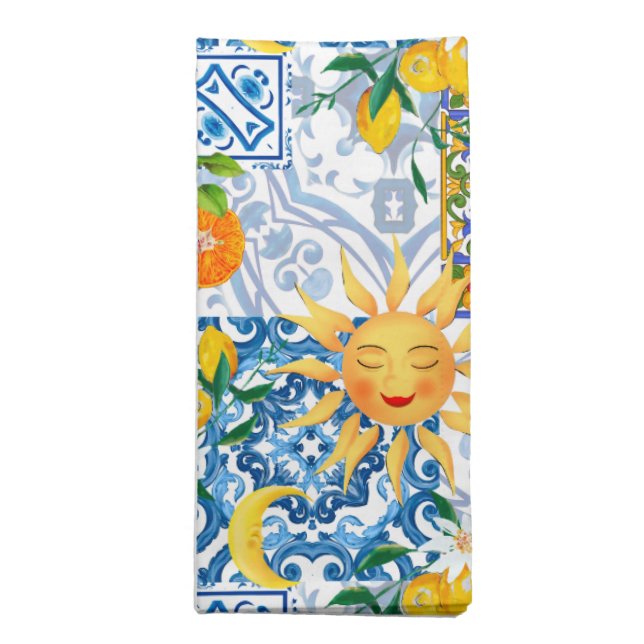 Mediterranean sun,flowers,lemon,half moon, cloth napkin (Folded)