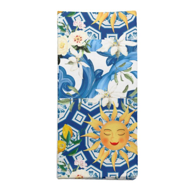Mediterranean sun,flowers,lemon,half moon, cloth napkin (Folded)