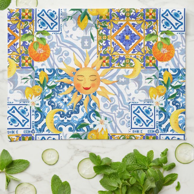 Mediterranean sun,flowers,lemon,half moon, kitchen towel (Folded)