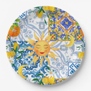 Mediterranean sun,flowers,lemon,half moon, paper plates