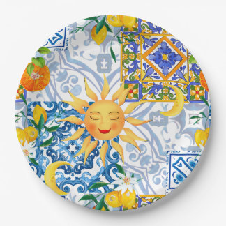 Mediterranean sun,flowers,lemon,half moon, paper plates