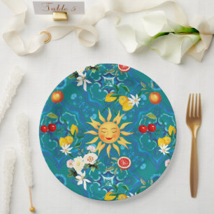 Mediterranean sun,fruits,summer,lemon art, paper plates