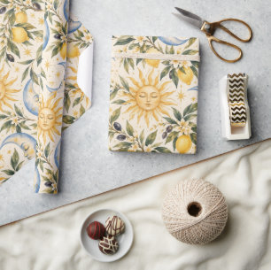 Mediterranean Sun & Moon Celestial Watercolor Patt Wrapping Paper