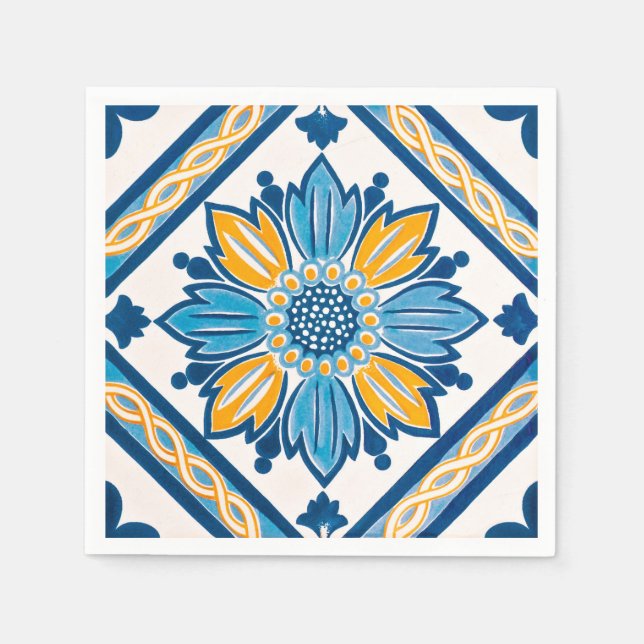 Mediterranean Sun & Sea Azulejo Cocktail Napkins (Front)