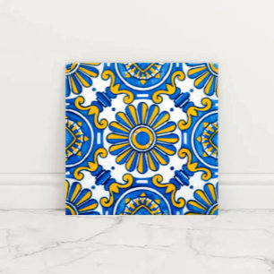 Mediterranean Sunburst Blue and Gold Floral Mosaic Ceramic Tile