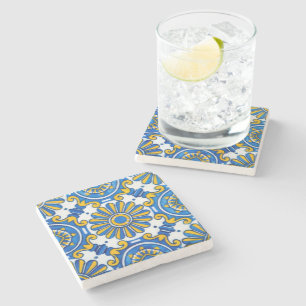 Mediterranean Sunburst Blue and Gold Floral Mosaic Stone Coaster