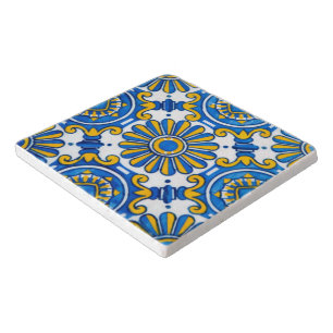 Mediterranean Sunburst Blue and Gold Floral Mosaic Trivet