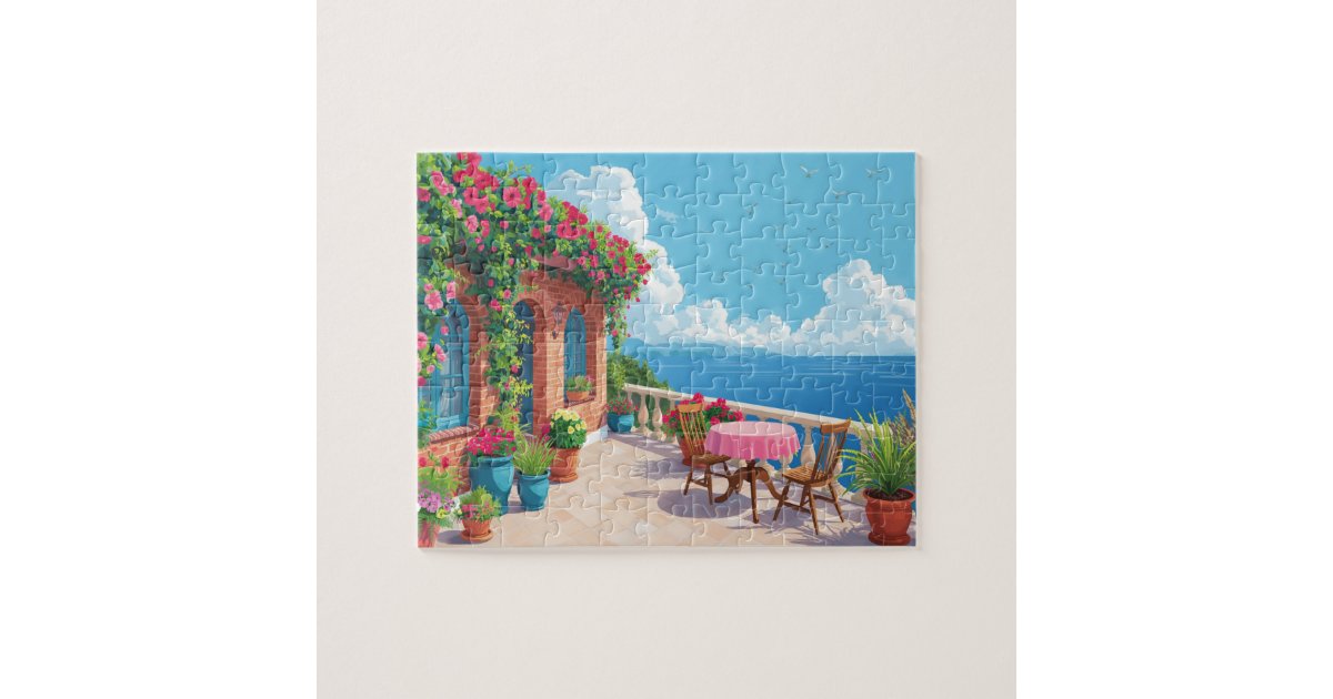 Mediterranean Terrace Ocean View Coastal Art Jigsaw Puzzle | Zazzle