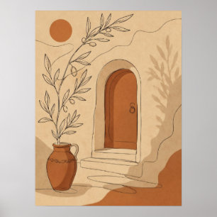 Mediterranean Terracotta Arch Door and Olive Branc Poster