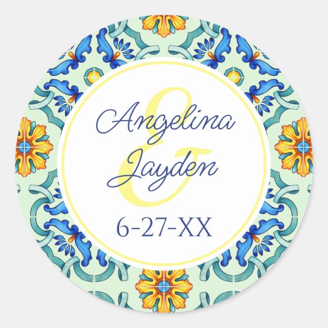 Mediterranean Tile Blue and Yellow Summer Wedding Classic Round Sticker (Front)