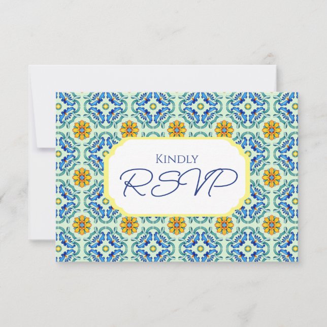 Mediterranean Tile Blue and Yellow Wedding RSVP Card (Front)