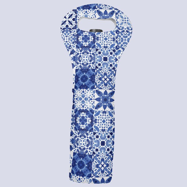 Mediterranean Tile Blue White Geometric Pattern Wine Bag (Mediterranean blue and white geometric tile watercolor pattern wine bag)