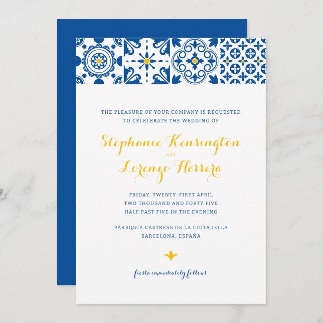 Mediterranean Tile Blue Yellow Wedding Invitation (Front/Back)