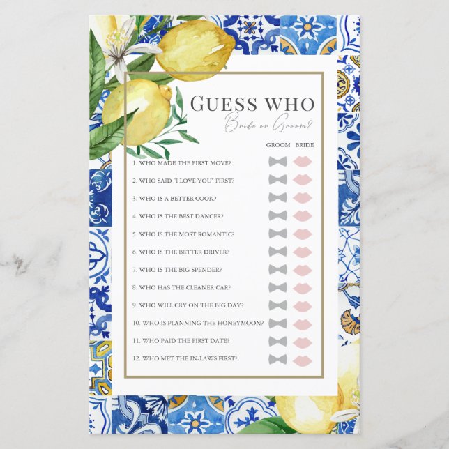Mediterranean Tile Citrus Bridal Shower Guess Who (Front)