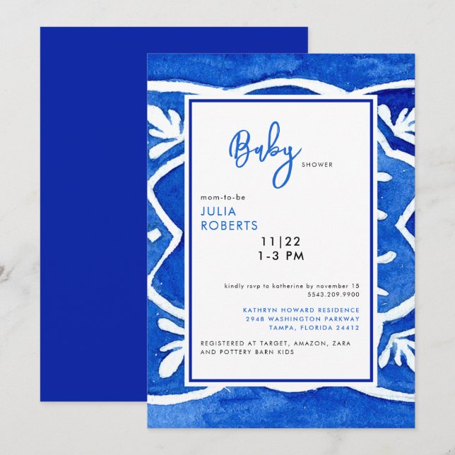 Mediterranean Tile Cobalt Blue Baby Shower  Invitation (Front/Back)