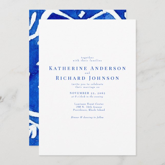  Mediterranean Tile Cobalt Blue & White Wedding Invitation (Front/Back)