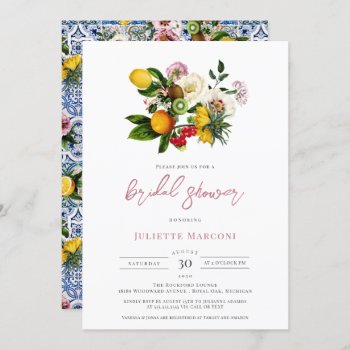 Mediterranean Tile Floral Citrus Bridal Shower Invitation by ItsAFineTime at Zazzle